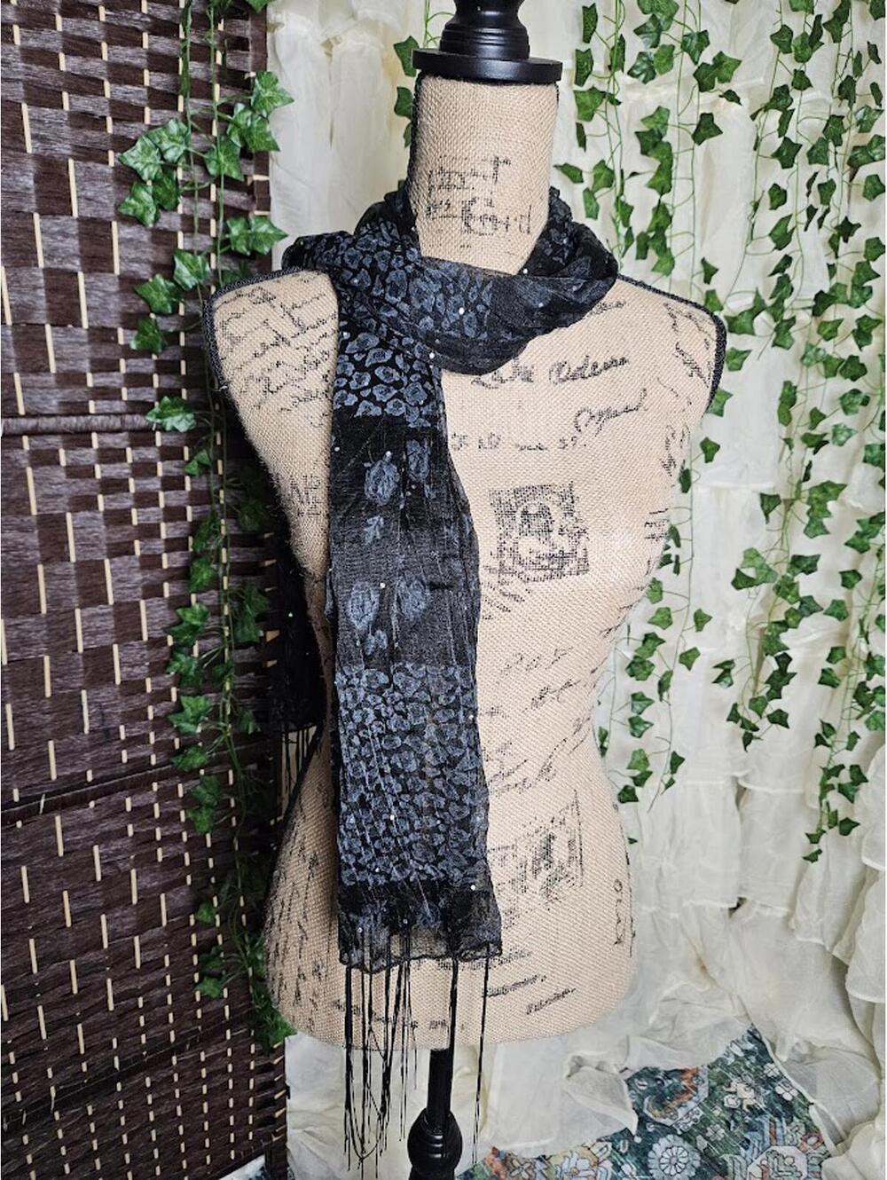 Sheer Black Fringe Scarf Floral Leopard Print Witchy Boho Fairycore Soft Goth